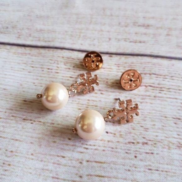 Tory Burch Logo Pearl Drop Rose Gold Tone Earrings - Picture 6 of 8